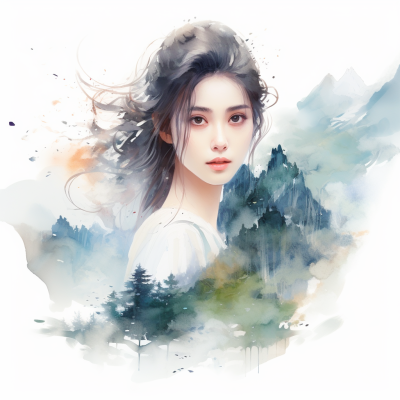 美女雙重曝光，自然風光，水彩藝術