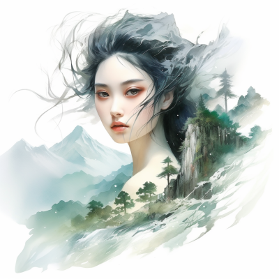 美女雙重曝光，自然風光，水彩藝術