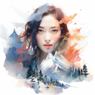 美女雙重曝光，自然風光，水彩藝術