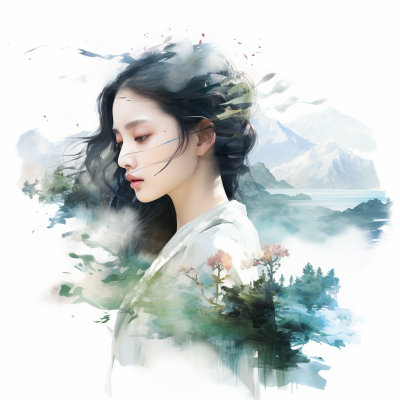 美女雙重曝光，自然風光，水彩藝術