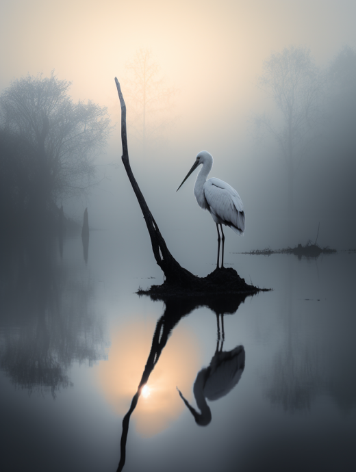 白鸛觀賞月升，黑白真實(shí)的光影交織