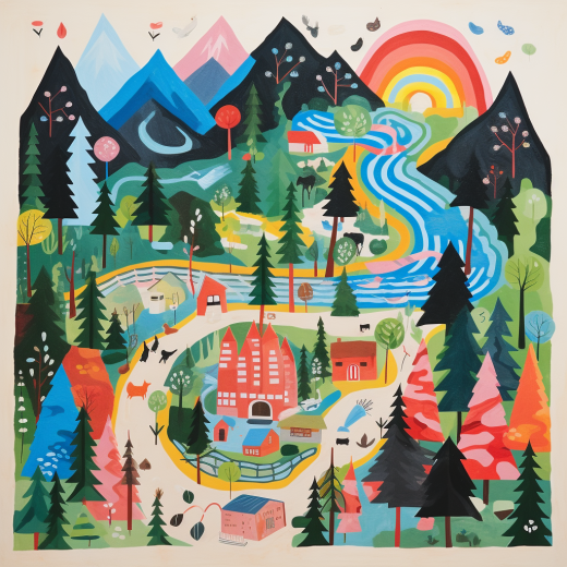 冰晶之森：米爾頓·格拉澤風(fēng)格的威爾基·帕克爾露營(yíng)刻畫，以水晶為材質(zhì)，融入赫爾辛基學(xué)派的紙板作品，黑光與彩虹交織的鄉(xiāng)村生活慶典。