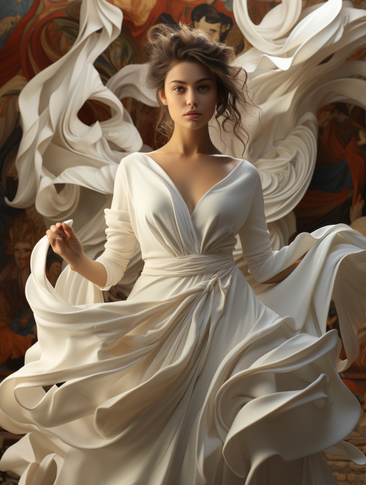 中國(guó)白衣女子：太極融合書法、夢(mèng)幻攝影、虛幻引擎5，破舞攝影，極簡(jiǎn)之美，飄逸紗裙，圖案繪畫，8K。