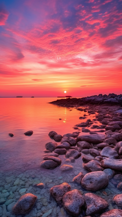 海洋日出：DSLR相機，佳能EF-S 10-18mm f/4.5-5.6 IS STM鏡頭，ISO 150，快門速度1/125秒，柔和粉紅至溫暖橙色天空。