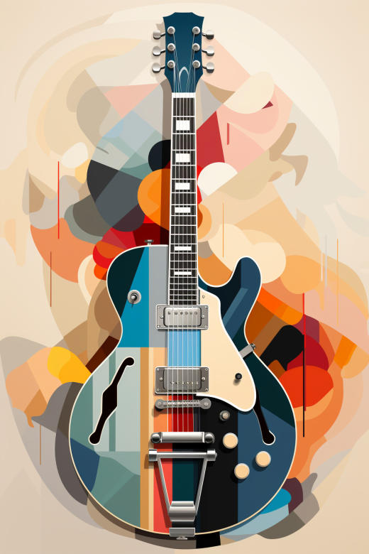 北歐風格抽象吉他油畫，柔和色調與男性化色彩相融，波西米亞美學中的獨立元素，立體質感，幾何構圖。
