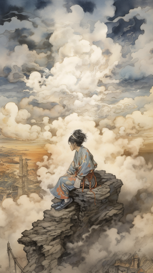 青年俠士遠(yuǎn)眺戰(zhàn)場(chǎng)，云霧繚繞煙云流動(dòng)，絢麗油畫中的壯麗云層。