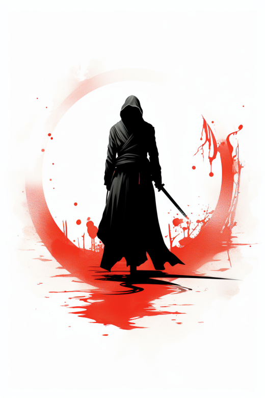 日本忍者黑影下的繪畫：簡(jiǎn)約紅點(diǎn)細(xì)節(jié)，白底，日式圖示