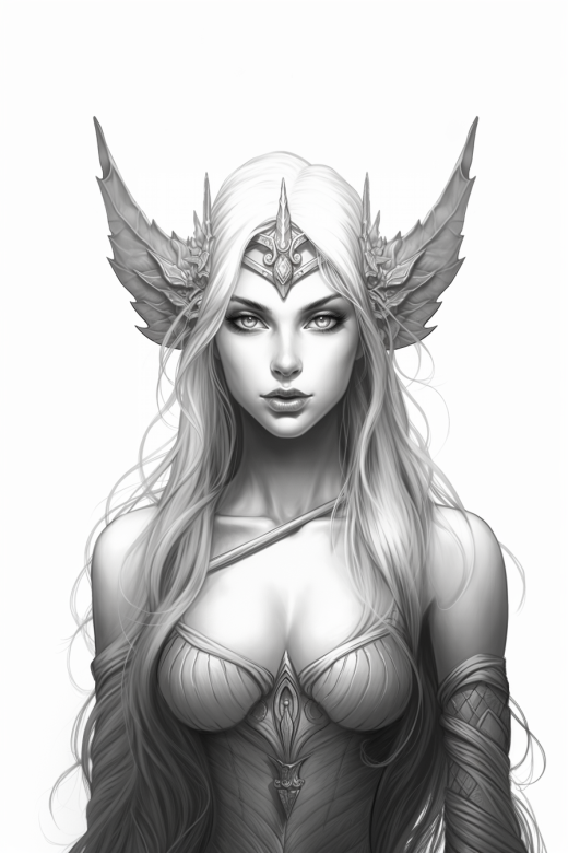 美麗的精靈女性，大大的動漫眼睛，灰度畫作，二維，輪廓線描繪