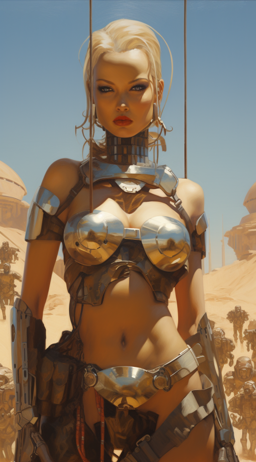 機(jī)器賞金獵人士兵的肖像：炙熱沙漠小鎮(zhèn)上充滿機(jī)器人和龐大異形生物的背景，結(jié)合了William Russell Flint、Briton Riviere、Michael Parkes、Sergio Toppi和Syd Mead的風(fēng)格，強(qiáng)烈的光影交錯(cuò)，動(dòng)態(tài)對(duì)比，刮刻抽象藝術(shù)，帶有刀刮油墨和混合調(diào)色板的厚涂油畫，水彩洗滌，幻想寫實(shí)主義，真實(shí)水體的亮度，光影明亮。