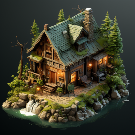 等對等詞為「等腰測量法的林莊房屋、細節、舒適度、3D」