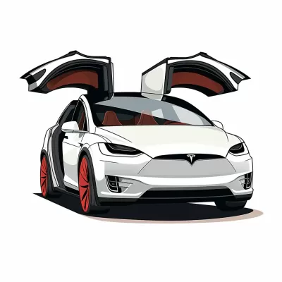 卡通特斯拉Model X矢量圖，車門敞開，簡潔矢量，剪貼畫，2D矢量資產(chǎn)，簡約矢量，粗線輪廓，白色背景。