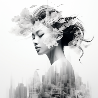 中國(guó)美女與現(xiàn)代城市建筑的多重曝光攝影：超高清創(chuàng)意與現(xiàn)實(shí)效果