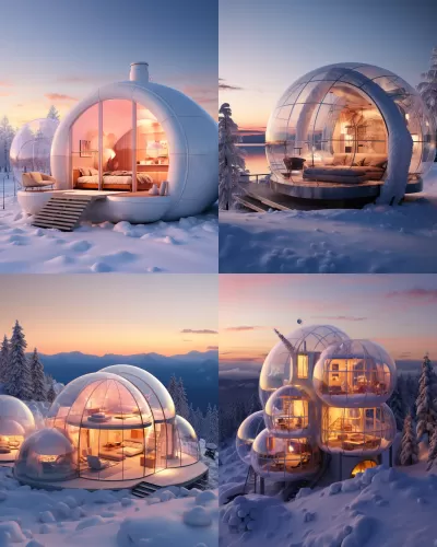 雪地中透明的充氣別墅，與落日相映成趣，令人陶醉的8K美景。