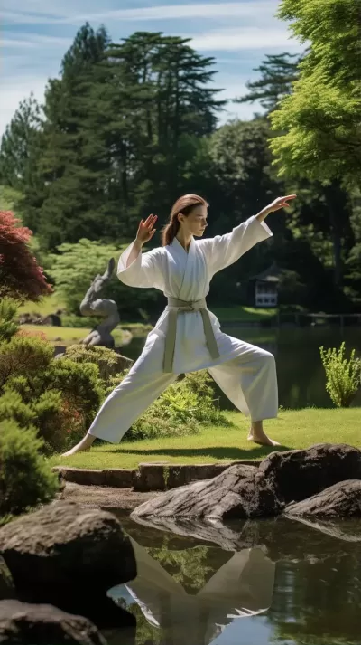 靜謐日本園中，女子優(yōu)雅精準(zhǔn)地練習(xí)武術(shù)：一幅傾心之瞬間