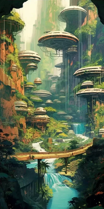未來幻想世界：童話般魅力驚艷建筑、瀑布水從苔石傾瀉、紅木森林、波西米亞未來天堂、樹枝般連接的高架步道，超廣角，以Syd Mead、Ana Maria Edulescu和Paul Lik風格，ASCII藝術。