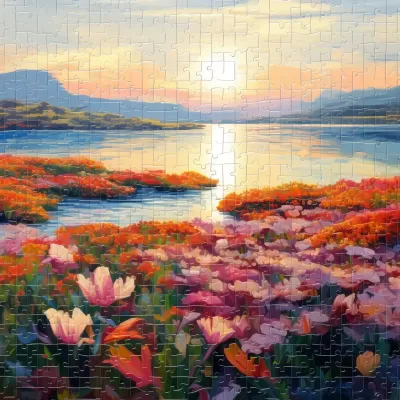 花海湖泊的印象派畫作，連續動作拼圖，64K高清，繁花盛景