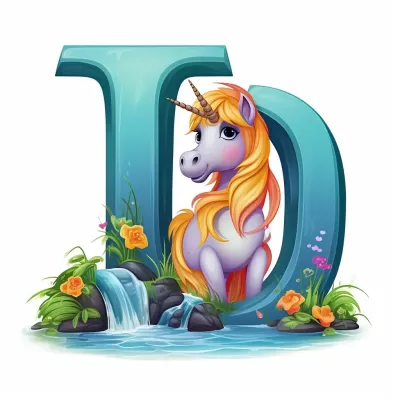瀑布旁可愛的小獨角獸，色彩簡潔明亮，卡通風格，生動活潑