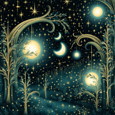 夜空中熠熠閃爍的螢火蟲、閃爍的星星和彎彎的月亮，一個令人心醉的夜晚設(shè)計。