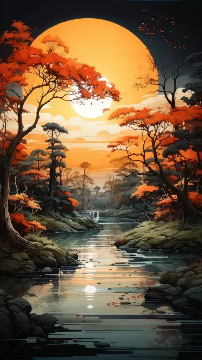 林間樹陰，溪畔蘆葦，風日相伴，水墨水彩，自然風光。