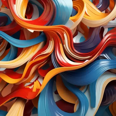 紅藍黃線條的抽象畫，持續動作拼圖，CG角色，8K高清。