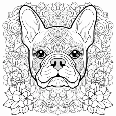 簡約向量黑白涂色首頁，復(fù)雜曼陀羅，兩只法國斗牛犬紋樣