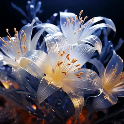 水藍百合花織物，精確超寫實墻紙，輕盈，透明，柔和的光線，極簡主義，淺色調，流動透明，迷人的色彩景觀，現代極簡主義，3D渲染，虛幻引擎5，工業設計，放大拍攝，等軸測視角，Blender，Octane渲染，C4D，16K。