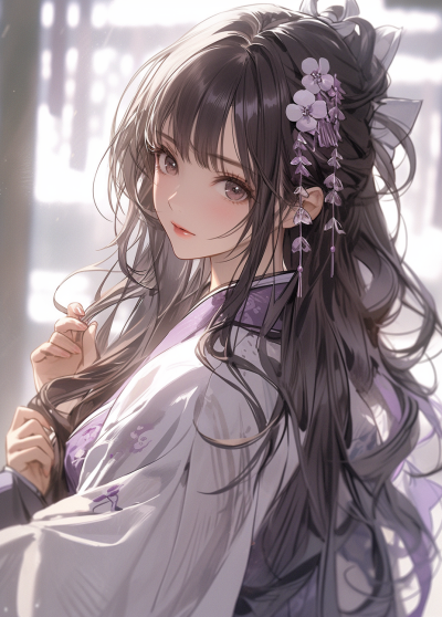 紫衣和和服中的4K動漫女孩，寫實繪畫風格，輕灰和淺白，謙宣式夸張貴族風，薩巴蒂爾濾鏡，Kawacy風格，準確詳細。
