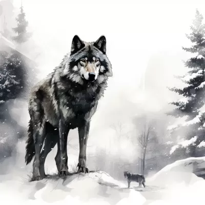 孤狼獨(dú)立于雪地中，融入中國(guó)水墨風(fēng)，拼貼攝影，8K高清。