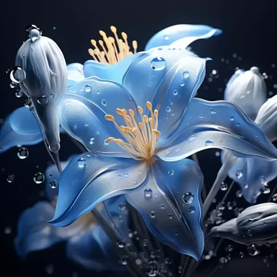 水藍百合花織物，精確超寫實墻紙，輕盈，透明，柔和的光線，極簡主義，淺色調，流動透明，迷人的色彩景觀，現代極簡主義，3D渲染，虛幻引擎5，工業設計，放大拍攝，等軸測視角，Blender，Octane渲染，C4D，16K。