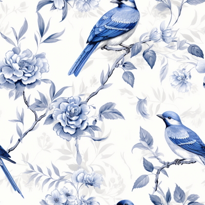 白底藍鳥紋，細致Toile de Jouy插圖