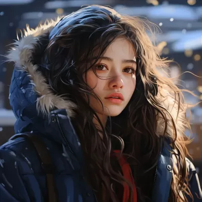 《醫院出院的少女，長發飄雪間，穿著藍白條紋衣，中國古風2.5D漫畫，別樣迷人》