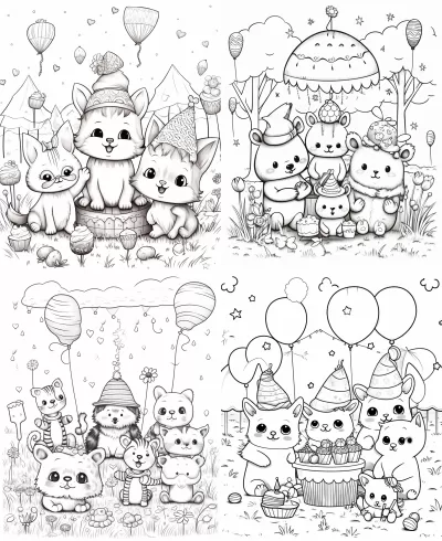 可愛動物的田野野餐，戴上迷你派對帽子，色彩斑斕的氣球飄蕩，歡快可愛，生動活潑的插圖，兒童彩色頁。