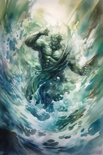 “海底奇觀，波濤洶涌，水彩畫般的藍(lán)綠色調(diào)，海王波塞冬登場”