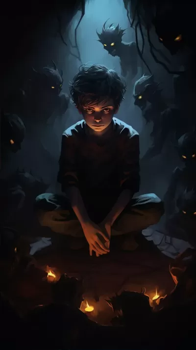 失落的少年在黑暗中，被可怕的惡魔陰影包圍。