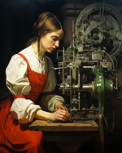 機器圣女工作室中的超詳細綠色與黑白，明亮紅色畫像，藝術家NC Wyeth之作