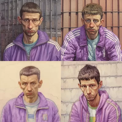 孤獨的俄羅斯貧民窟男子，紫色阿迪達斯運動服，凝視墻上的相機。