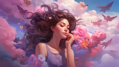 《想象中的世界》：少女紙上寫滿快樂，想象中的角色躍入粉云，數字插畫，紫羅蘭和洋紅交織。