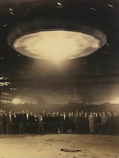 科學家在1947年恢復的UFO前攝于機庫的拍立得照片