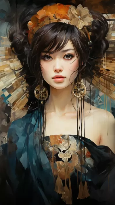 唐代模型，古斯塔夫·克林姆特的風格，紋理油畫和水彩混合，現代，杰作，聚焦，動態背景，詳細，豐富多彩。