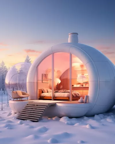 雪地中透明的充氣別墅，與落日相映成趣，令人陶醉的8K美景。