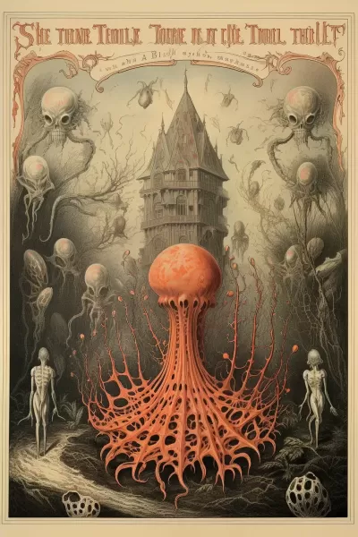 神秘詭譎的黑白招貼畫，哥特家居裝飾，幽靈，恩斯特·海克爾，線描藝術，宣傳，蒂姆·伯頓。