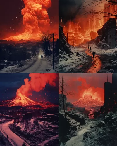 夜晚的冬日雪中，蘇聯失落小鎮街頭涌動著火山熔巖河，催人心動的1960年代復古拼貼。