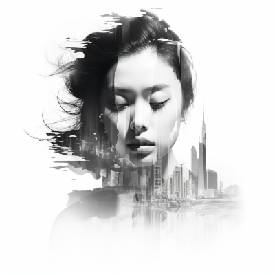 中國(guó)美女與現(xiàn)代城市建筑的多重曝光攝影：超高清創(chuàng)意與現(xiàn)實(shí)效果