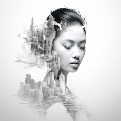 中國(guó)美女與現(xiàn)代城市建筑的多重曝光攝影：超高清創(chuàng)意與現(xiàn)實(shí)效果