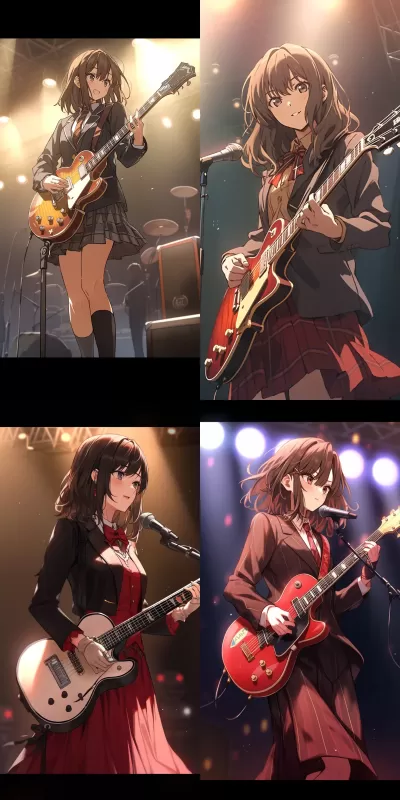 早期2000年代歐洲搖滾女孩，穿著正式服裝，在舞臺上彈奏吉他，棕色頭發，棕色眼睛，全身特寫，電影攝影。