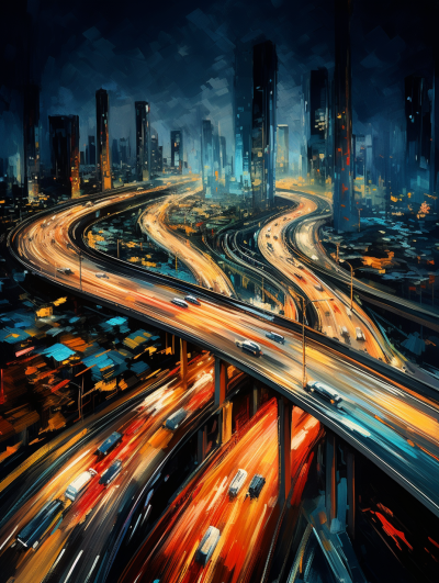 夜晚高速公路，鳥瞰視角，車燈熠熠生輝