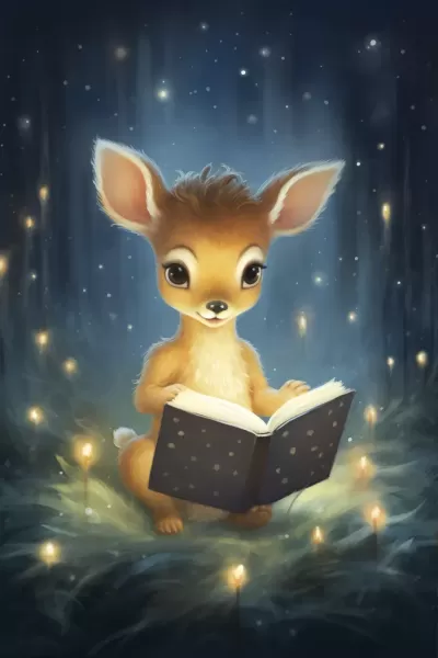童書插畫：可愛(ài)小鹿讀故事書，星空燈光下的抽象藝術(shù)，唯美細(xì)膩手繪，嬰兒房裝飾。