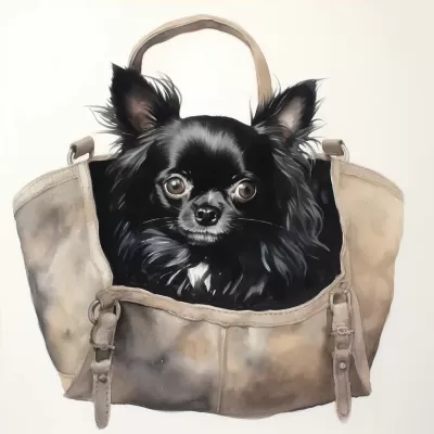 “黑色長毛吉娃娃犬坐在手提包里，小爪伸出來，清晰細膩的白色背景中的水彩畫”