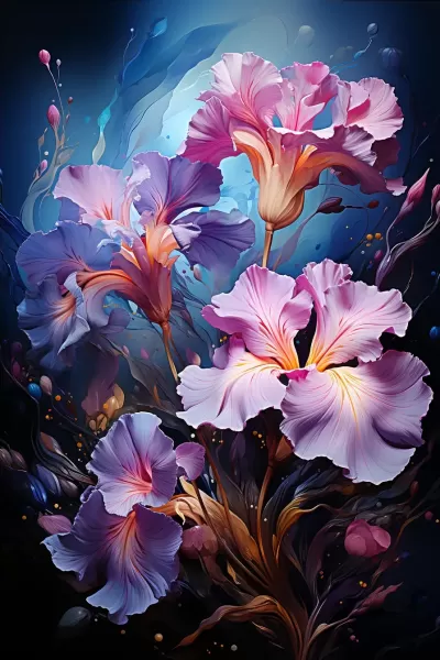 夢幻浪漫，水彩繪畫中的皇家藍鳶尾與紫羅蘭品種小花