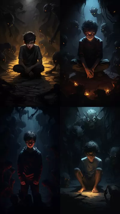 失落的少年在黑暗中，被可怕的惡魔陰影包圍。